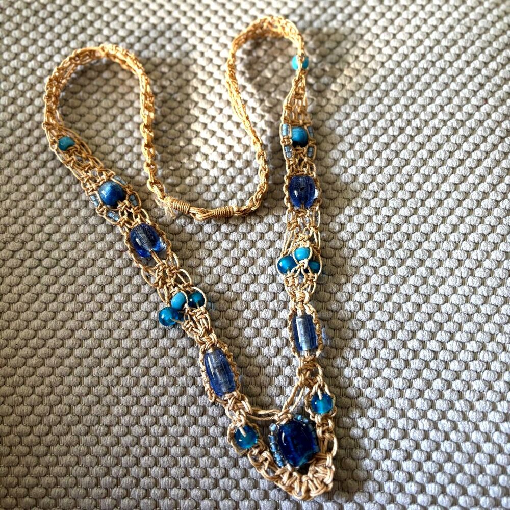 Macrame 16" Blue Glass Bead Necklace, Jewels, Handmade, Boho Style, Hippy Style